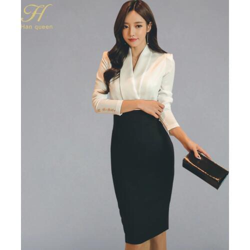 H Han Queen Solid Patchwork Korean Sheath Pencil Autumn Dress Women 2018 Official Wear Bodycon Dresses Casual Business Vestidos