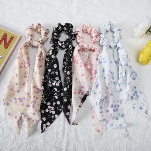 Long Ribbon Hair Ties vintage Bow Hair Scrunchie Chiffon Floral Hair Scarf Elastic Hair Bands Ponytail Holder Hair Accessories