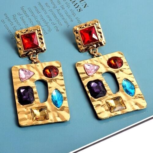 New Geometric Gold Metal Rhinestone Drop Earrings High-Quality Fashion Colorful Crystal Jewelry Accessories For Women Wholesale