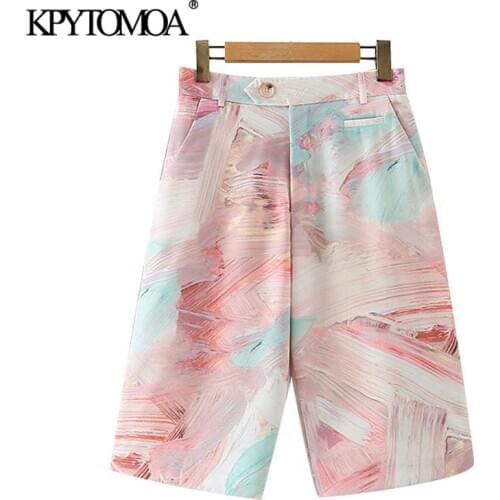 KPYTOMOA Women 2020 Chic Fashion Graffiti Print Side Pockets Shorts Vintage High Waist Zipper Fly Female Short Pants Mujer