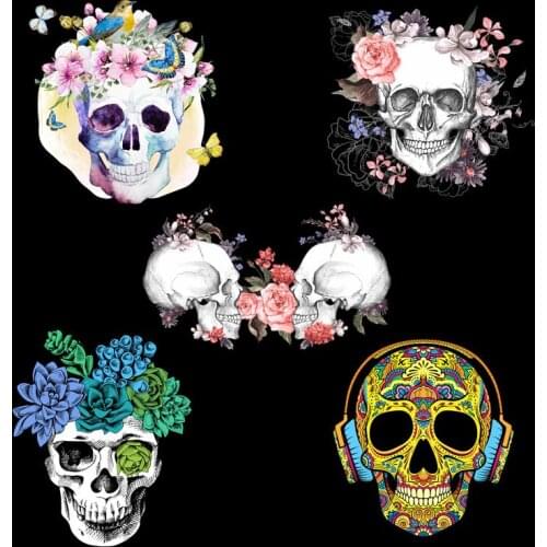 Creativity Punk music skull Flower skull Heat transfer washable clothing T-shirt cool decorative pattern, accessories on clothes