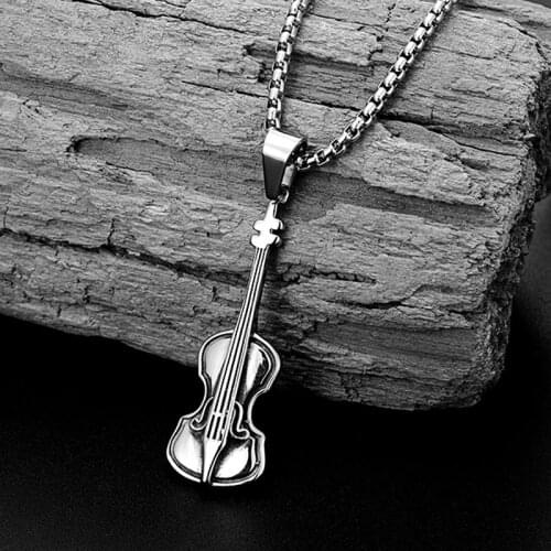 Trend woman Music Vintage Pendant Jewelry Gift Men’s Girl Boy Stainless Steel Violin Pendant Necklace Antique Steel Color chain