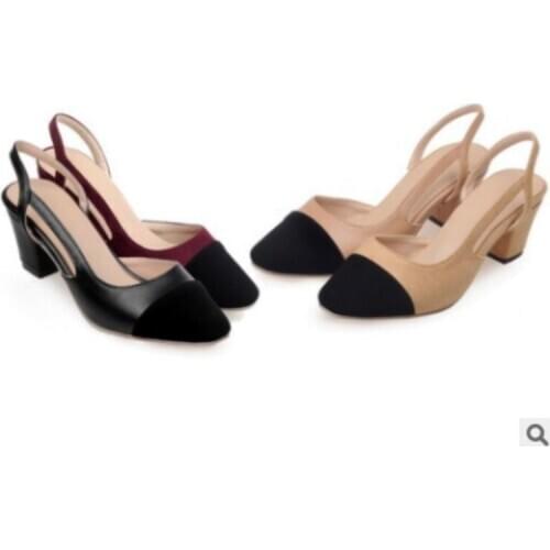 Ladys Retro Fashion Pointed Toe Big Size 42 48 Back Strap Patchwork Flock Soft Leather Med High Heels Women Shoes Pumps Sandals