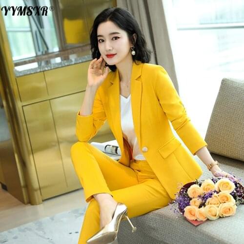 High quality autumn and winter womens female suit pants two-piece suit 2020 New Elegant Yellow Lady Office Blazer Slim trousers