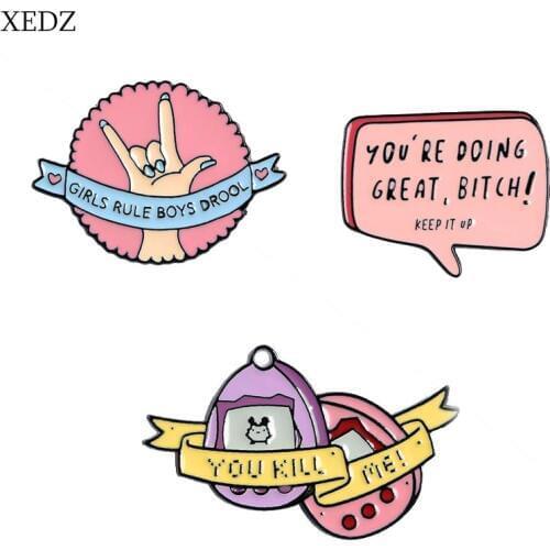 XEDZ New pink childhood toy egg brooch round victory gesture ribbon brooch Positive English sentence brooch fashion denim clothi