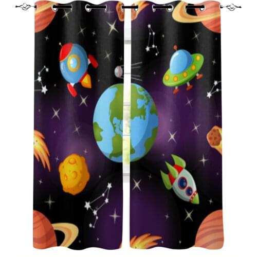 Space Earth Planet Rocket Window Curtains for Living Room Home Decor Child Bedroom Kitchen Curtains Drapes