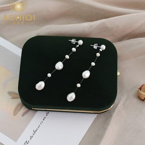 ASHIQI Natural Baroque Pearl 925 Sterling Silver Long Earrings Ladies Wedding Jewelry