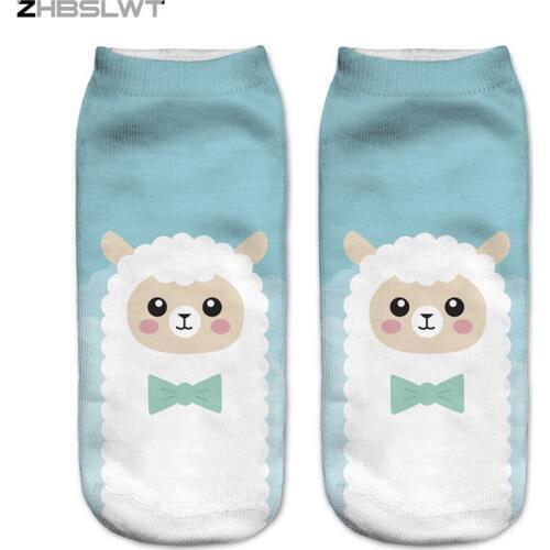 ZHBSLWT 3D Printed Women Socks New Unisex Cute Low Cut Ankle Socks Blue Cartoon Alpaca Womens Casual Socks Animal Shape