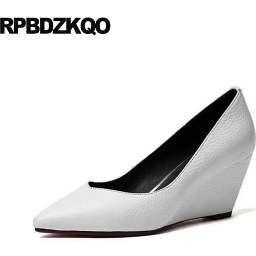 Wedge Office Shoes Ladies White 3 Inch Women Fashion Work High Heels Genuine Leather 2017 Pointed Toe Medium Size 4 34 Spring