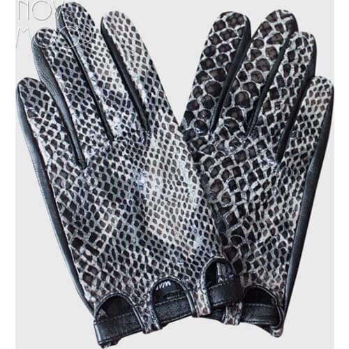 Snakeskin print hollow out genuine leather sheepskin gloves women motorcycle gloves guantes mujer luvas motociclista LT316