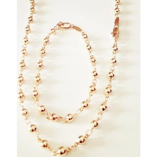 4 MM Wide Cute Ball Link Women Bracelet/Necklace Jewelry Sets 585 Gold Color Wedding Jewelry Beads