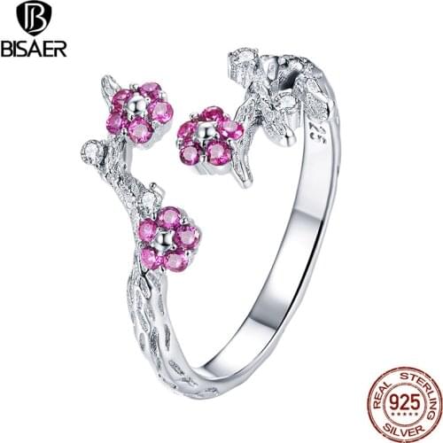 BISAER 925 Sterling Silver Vintage Wintersweet Flower Ring Adjustable Orchid Flower Women Rings Silver Jewelry EFR022