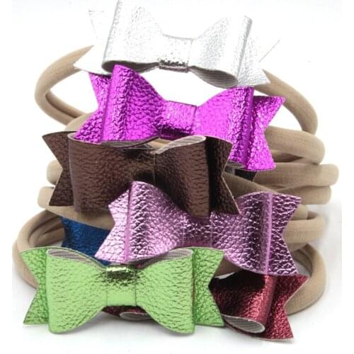 30pcs/lot New PU Leather Hair Bows Elastic Hair Bands Shinning Synthetic Leather Headbands Top Quality 12 Color Hair Accessory