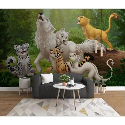 3d wall murals wallpaper for children bedroom Cartoon lion tiger wolf animal background home decor photo wallpaper for walls 3 d