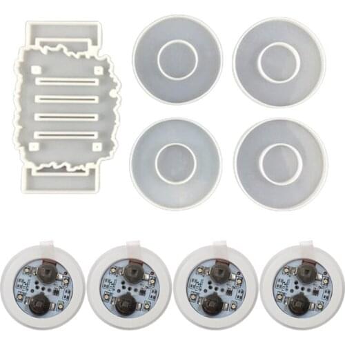 4pcs LED Light Up Tea Cup Round Coaster Molds Glowing Luminous Discs with Storage Rack Stand Resin Mould DIY Crafts