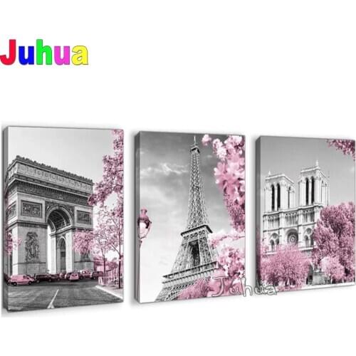 5D Diy Round/Square Diamond Painting Triptych paris tower pink flower city building 3 Pieces Diamond Mosaic Embroidery Drill