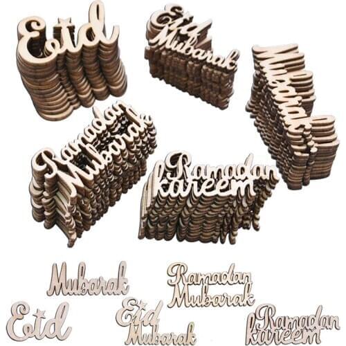 60Pcs Eid Mubarak Decoration Wooden Confetti Ramadan Kareem Eid Wooden Letter For Home Islamic Muslim Party Supplies Wood Crafts