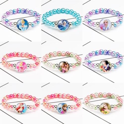 Aisha Anna Disney Princess Series Bracelet rainbow Frozen lovely girl Makeup toys Childrens bracelet Cartoon beaded chain