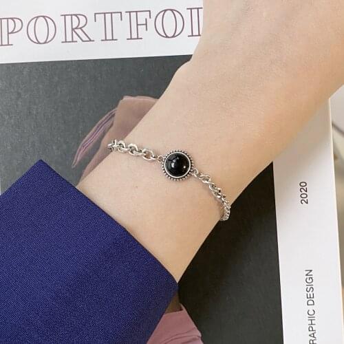 925 Silver Womens Bracelet Retro Black Agate Zircon Bracelet Simple Thai Silver Hand Jewelry Girlfriend Bracelet Birthday Gift