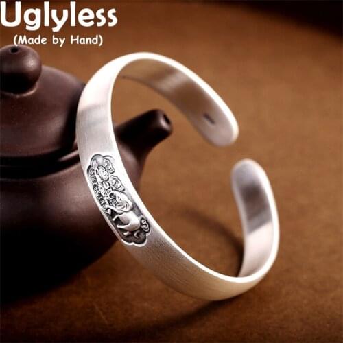 Uglyless Ethnic Totem Animals Elephants Jewelry for Women Genuine Ag999 Pure Silver Heart Sutra Bangles for Female Buddhists