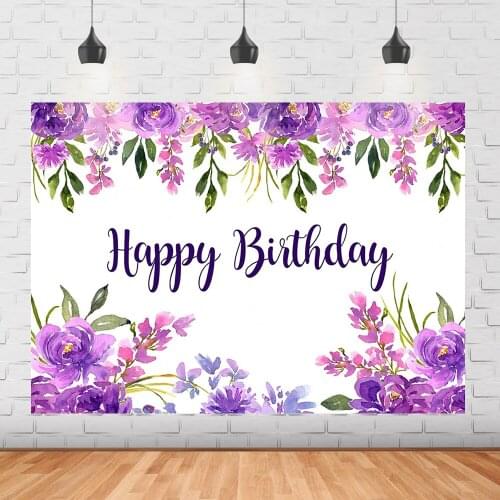 Happy birthday background photography purple watercolor flowers girl woman birthday party portrait photo studio decoration