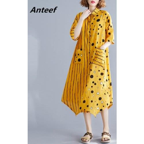 Cotton linen plus size vintage Polka Dot women casual loose long summer shirt dress elegant clothes 2021 ladies dresses sundress
