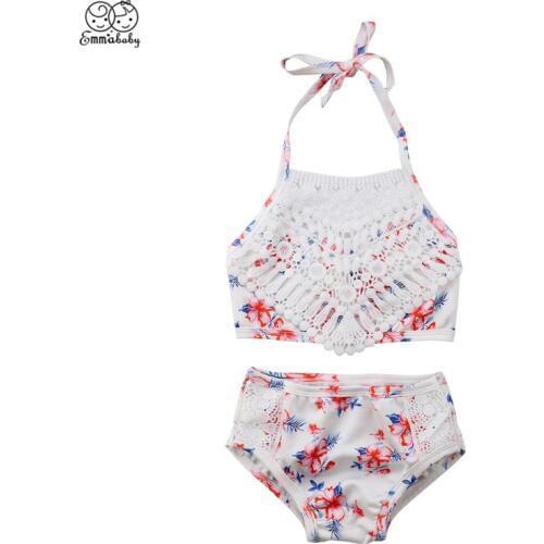 Toddler Baby Girl Summer Swimming Clothes Sleeveless Bandage Tops Shorts Bikini Lace Floral Swimwear Bathing Swimsuit Set 2Pcs