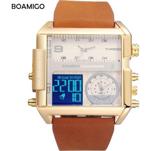 Brand BOAMIGO Sport Fashion Watch Men Multiple Time Zone Big Luxury Chronograph Watch Leather Square Quartz Mens Wrist Watches
