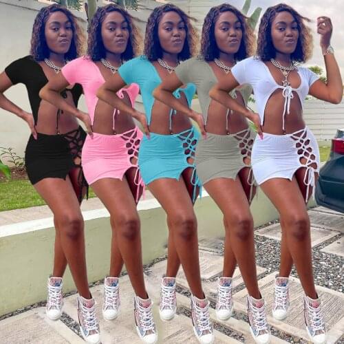 Fashion Two Piece Set Sexy Solid Color Bandage Hollow Out Party Nightclub Streetwear Skirts Matching Suit Women Summer