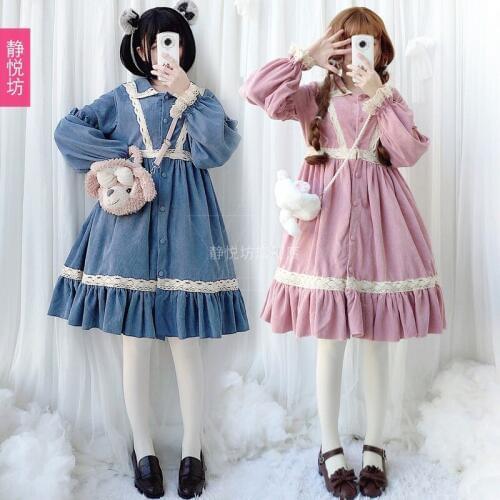 Lolita soft girl dress corduroy thick spring and autumn dress long sleeve Japanese girls cute daily college