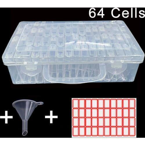 64 Cells Plastic Storage Box Funnel and Stickers Sets for Diamond Painting Accessories Tools Container Box Sets Diamond Painting