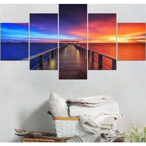 Wall Art Canvas Paintings Pictures Home Modern Decor Framework 5 Pieces Red And Blue Contrast Sunset HD Prints Poster Modular