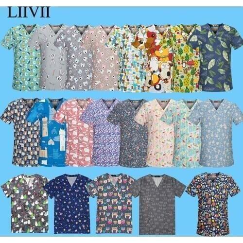 Wholesale new high quality cotton cartoon print nurse uniform laboratory pet shop overalls fashion slim breathable frosted tops