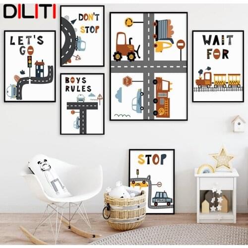 Nordic Kids City Car Train Wall Art Cartoon School Bus Posters and Prints for Baby Boy Bedroom Canvas Painting Home Decor
