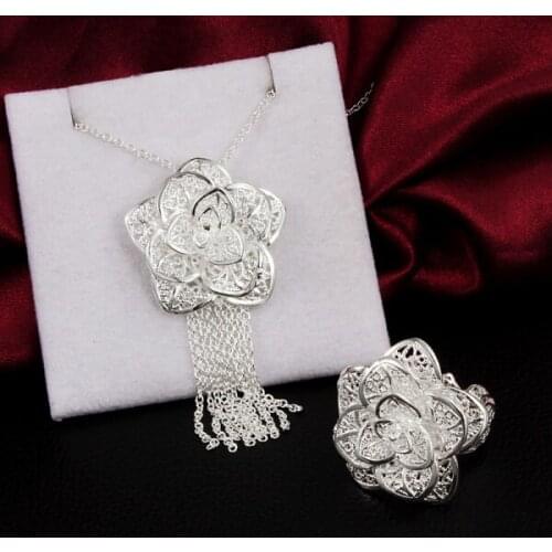 Popular 925 sterling Silver Beautiful flower Pendant necklace rings Jewelry set for women Fashion Party wedding Christmas Gift