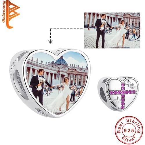 Retro 925 Sterling Silver Star Pink Sparkling CZ Crystal Faith Cross Custom Photo Beads fit Charm Bracelet Necklace Jewelry Gift
