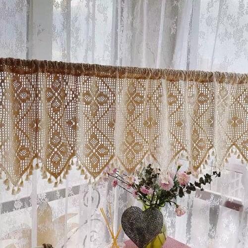 Retro Style Beige Cotton Thread Crochet irregular Tassel Coffee Curtain Multi-function Decorative Short Curtain