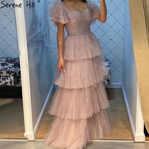 Serene Hill Pink Sexy Luxury Evening Dress 2021 A-Line Glitter Tiered Princess Women Formal Party Wear Gown CLA70924
