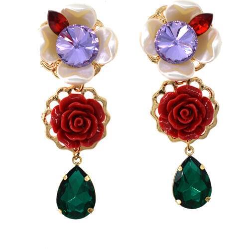 Retro Exaggerated Baroque Earrings For Women Red Rose Flowers Earrings Green Crystal Pendant Women Party Jewelry Gifts