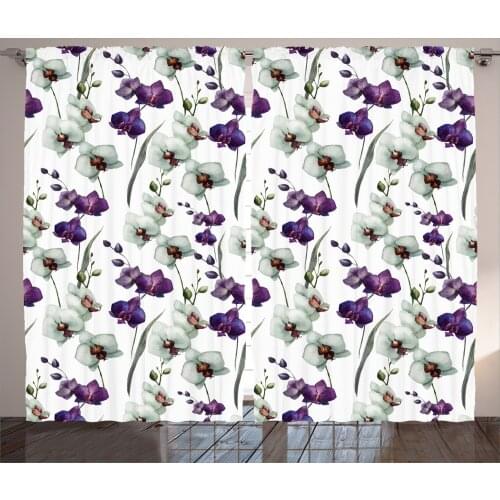 Orchid Flowers Curtains Tropical Branches Floral Art Satin Fabric Drapes for Living Room Bedroom 2 Panel Window Set