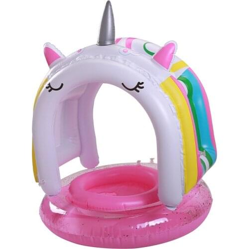 Cute baby unicorn Inflatable Ring Children floating Bed Swimming Ring With Awning Princess Horse Seat Ring Seat Swimming Pool To