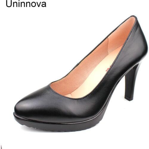 Pointed Toe Stilettos Genuine Leather Pumps Super Thin High Heels Women Business Black OL Shoes Plus size 43 Uninnova WP094