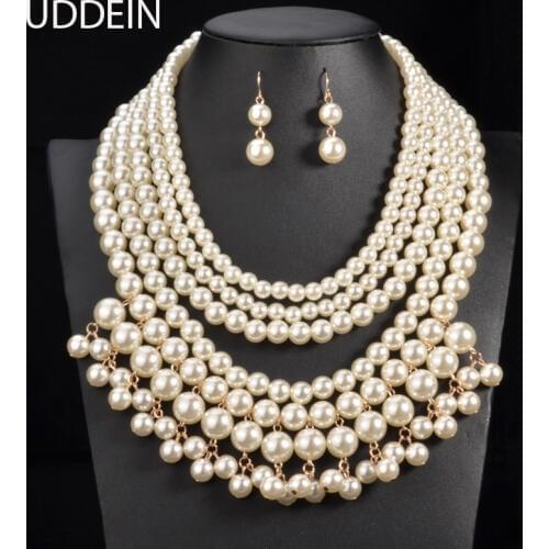 UDDEIN Pearl Pendant Tassel Exaggerate Statement Necklace Earrings Set Bridal Wedding Handmade African Bib Beads Jewelry