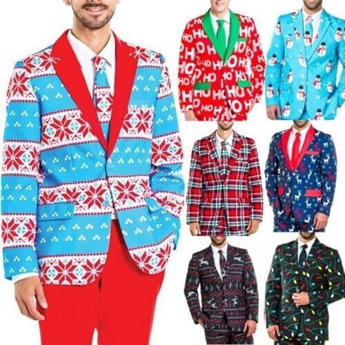 VMen Xmas Printed Suit Coats Casual Christmas Party Slim Blazer Mens Long Sleeve Lapel Blazer Snowmen Adults Xmas Fancy Dress