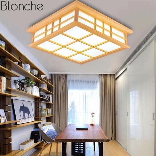 Japanese Style LED Ceiling Lamp Wood Square Ceiling Light Fixture for Bedroom Living Room Luminaire Modern Home Lighting 220V