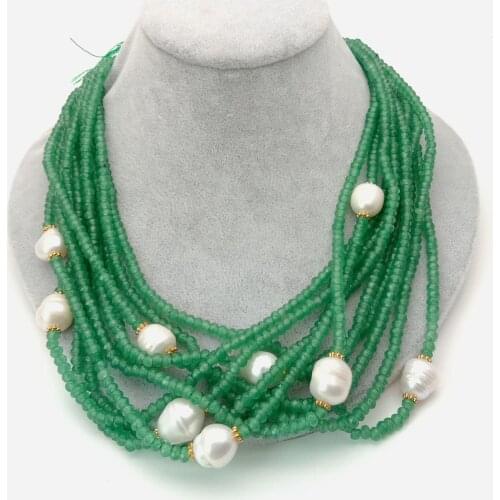 YYGEM 20" 10 Strands Faceted Rondelle Green Jade White Freshwater Pearl Handmade Necklace