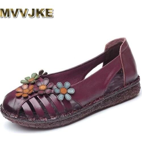 MVVJKE genuine leather ladies summer flat shoes woman without lace casual loafers with flowers round toe soft comfort women sand