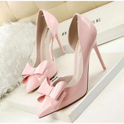 Women Shoes Pointed Toe Pumps 10.5 CM Thin Heels Wedding Dress sweet Sexy Hollow Patent leather Bow tie High Heels Boat Shoes