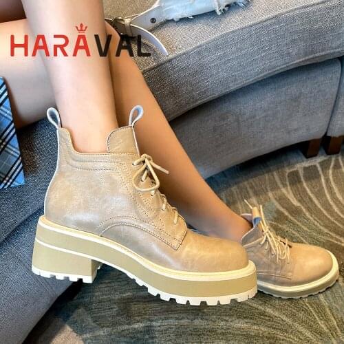 HARAVAL Women Martin Boots Shoes Thick Heels Spring Autumn Lace Up Round Toe Solid Black Gray Brown Solid Shoes WomenAdult E322L