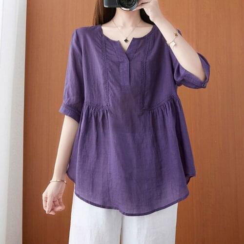 Women Summer Cotton Linen Casual T-shirts New Arrival 2021 Vintage Style Patchwork Lace Loose Female Half Sleeve Tops Tees B474